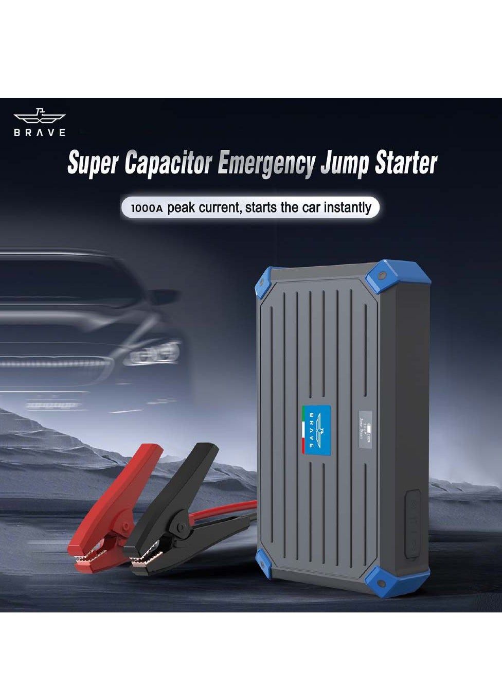 12V Super-Capacitor Car Jump Starter – 1000A Peak Emergency Booster (Battery-Free, Self-Charging in 3 Minutes) for Up to 6.0L Gasoline & 4.0L Diesel Engines – Heavy Duty, Portable, All-Weather Jump Starter with Smart Display & Carry Case – Highly Safe for UAE & Desert Environments